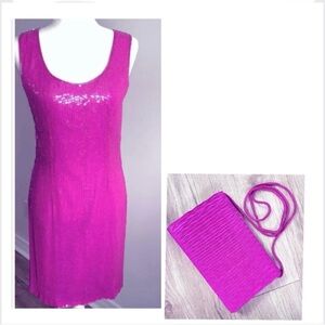 Vintage Hot Pink Silk Sequin Dress + Matching Purse — 1980s Glam Set